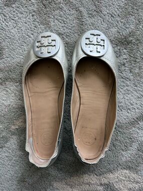 Tory Burch Metallic Silver Leather Ballet Flats